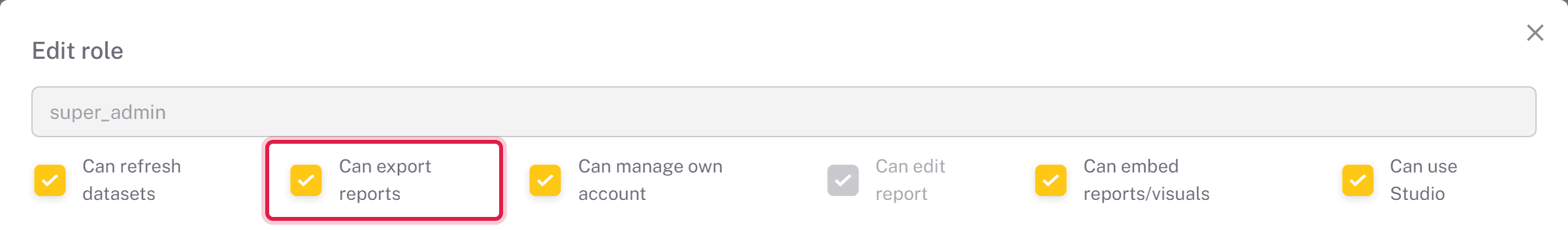 Can export reports permission in the Edit role dialog