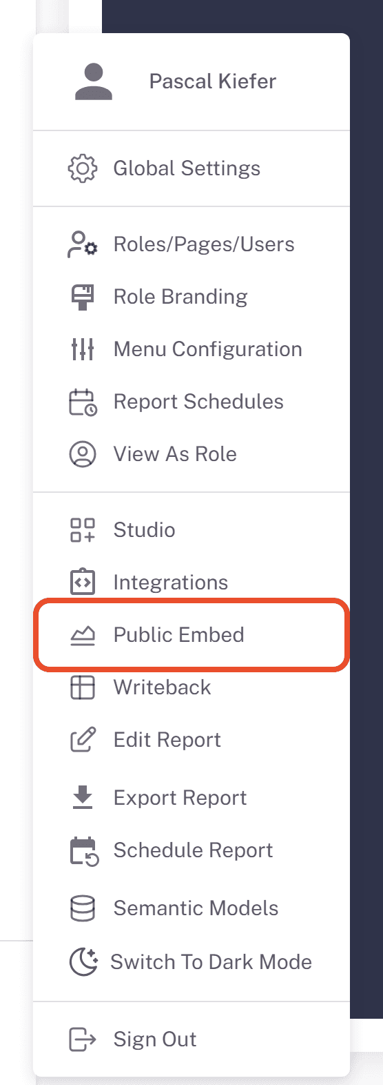 Public Embed entry in the Embedsy Portal user menu