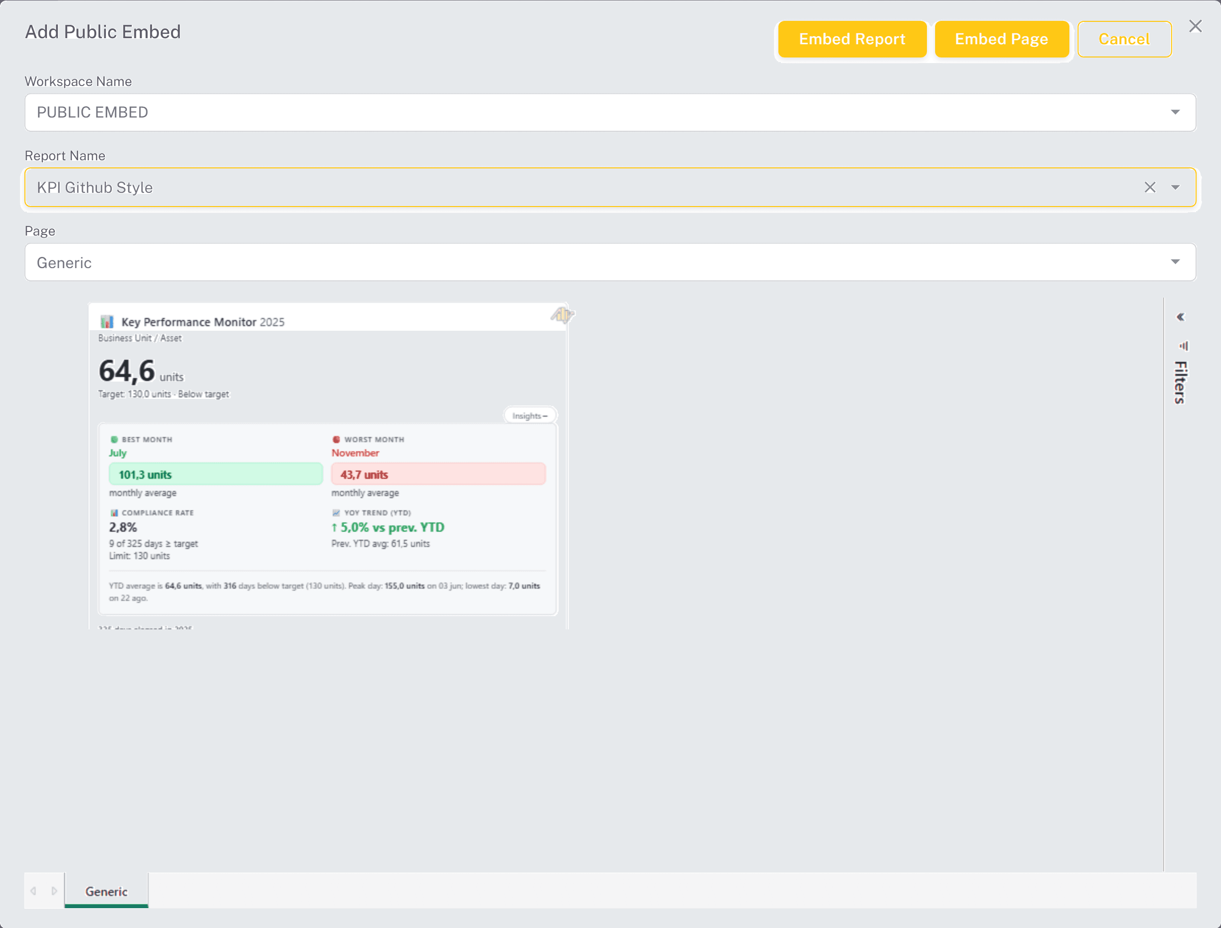 Add Public Embed dialog with a rendered report