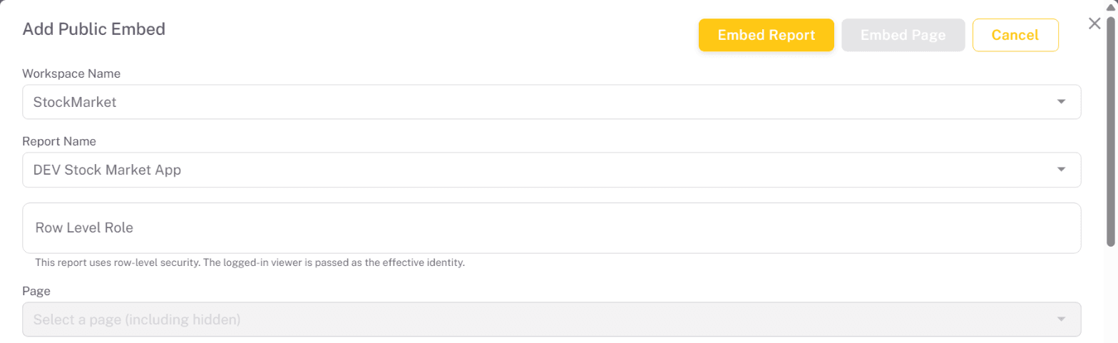 Add Public Embed dialog for a report with row-level security, showing the Row Level Role field