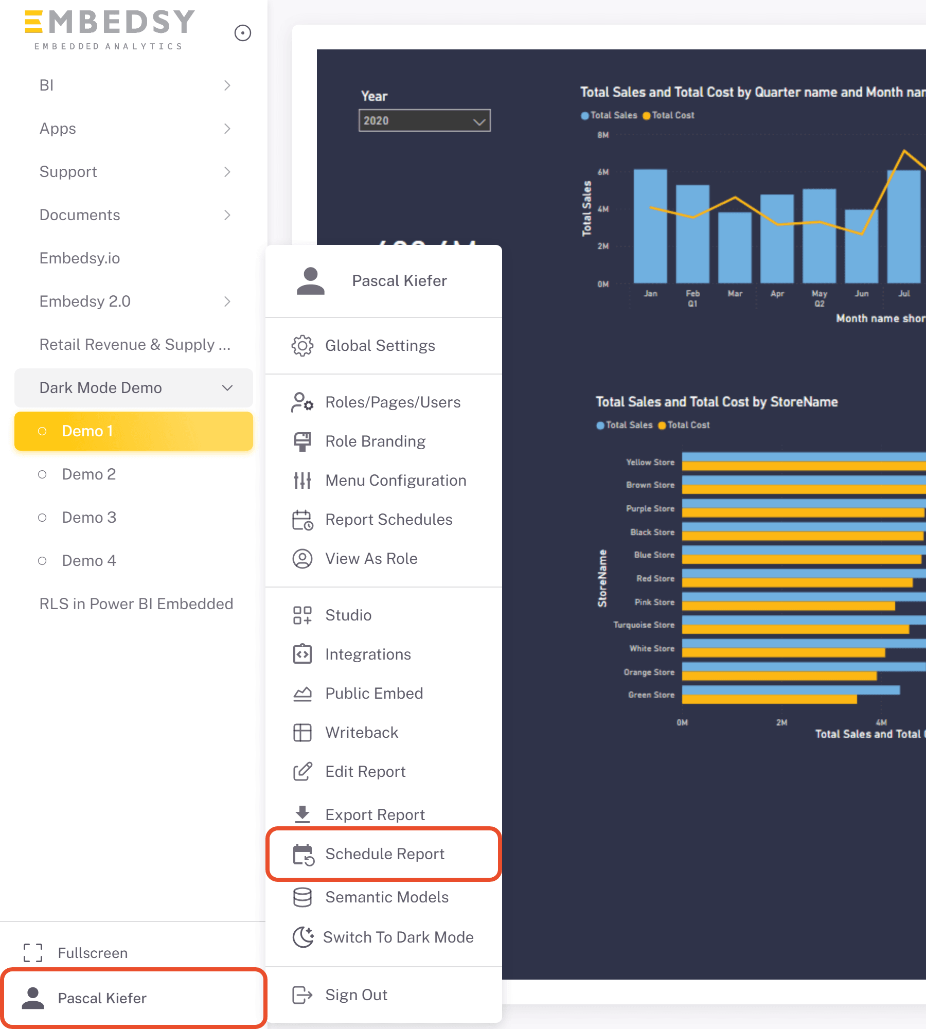 Schedule Report entry in the user menu while a report is open