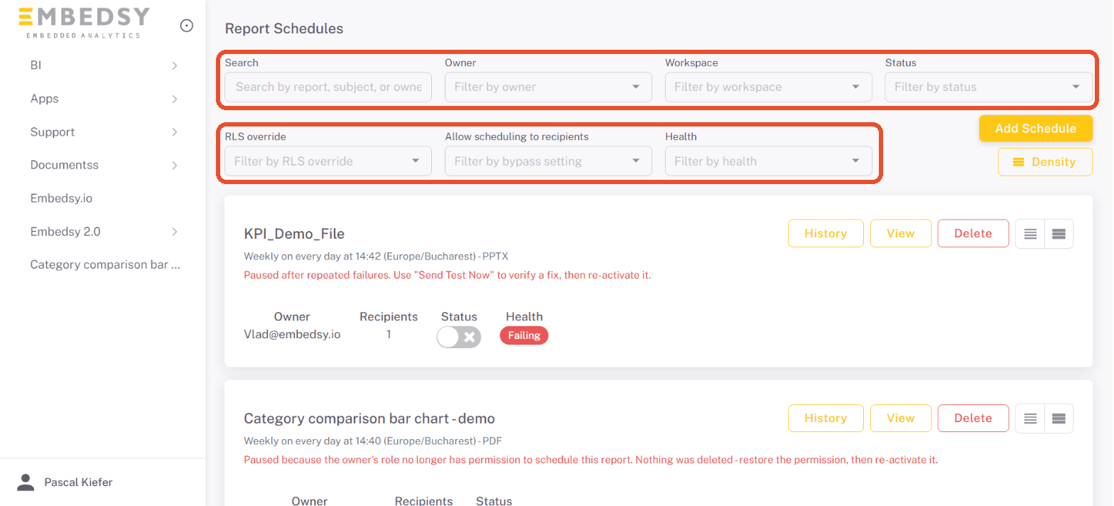 Admin Report Schedules page with its filters highlighted