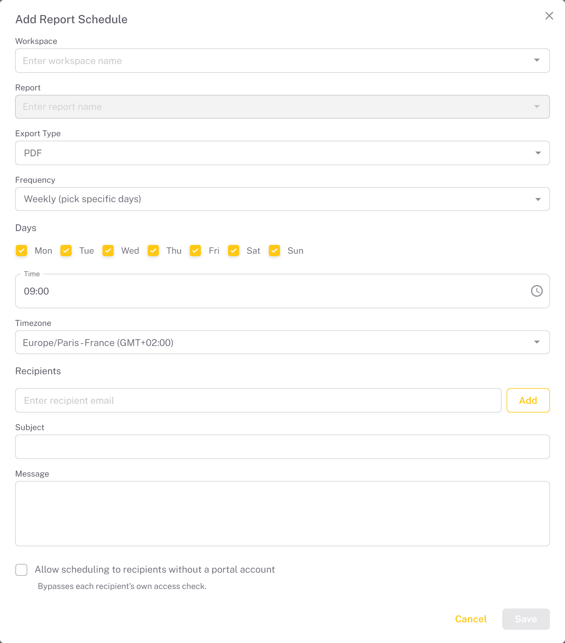Admin Add Report Schedule form with workspace and report pickers