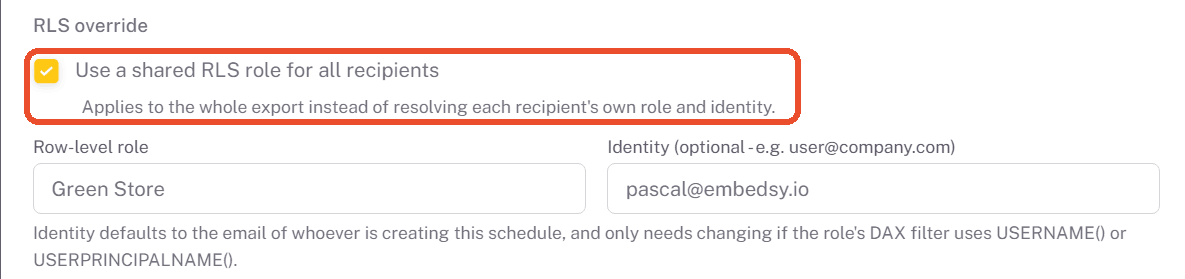 RLS override section with the shared RLS role option highlighted