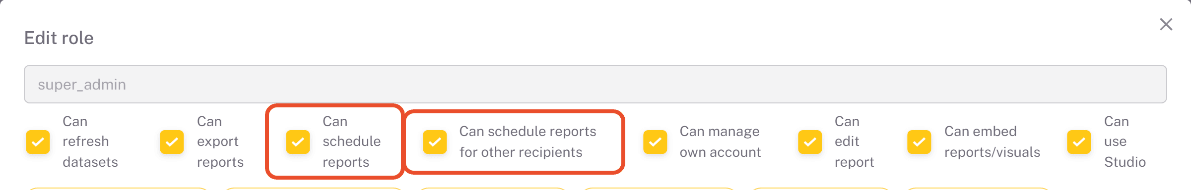 Can schedule reports and Can schedule reports for other recipients checkboxes on a role