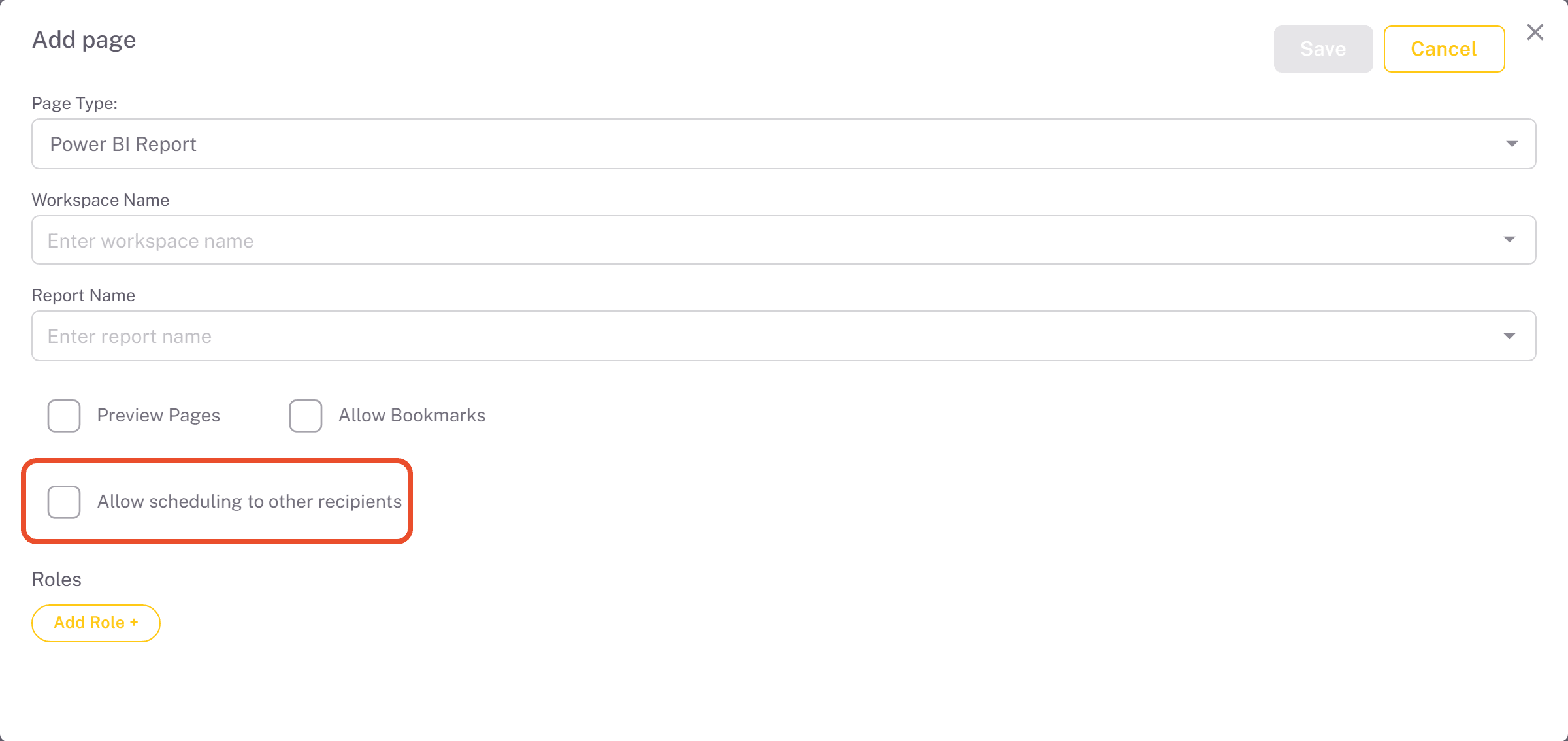 Allow scheduling to other recipients checkbox in the page settings