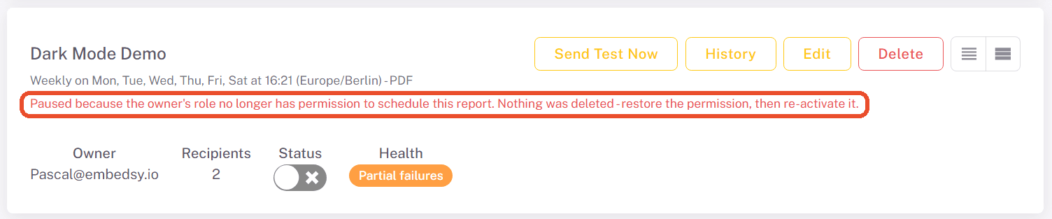Schedule paused because the owner's role no longer has permission