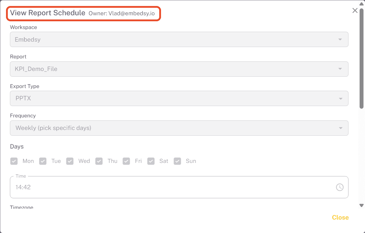 Read-only View Report Schedule dialog showing the owner