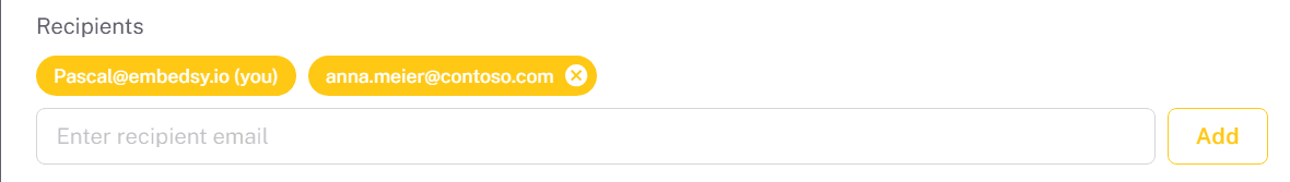 Recipients section with your own address pinned and an added recipient