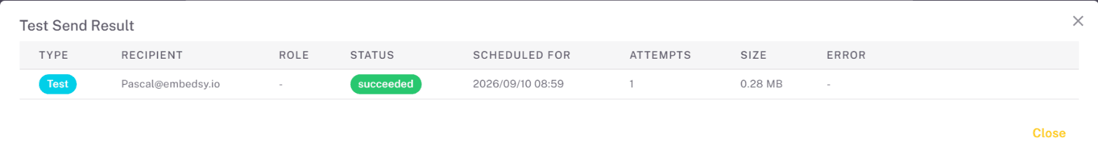Test Send Result dialog with the delivery status per recipient