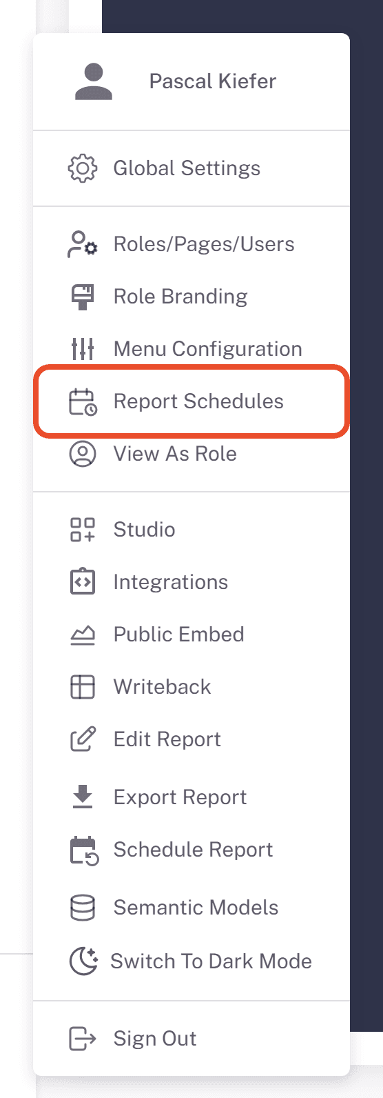 Report Schedules entry in the Embedsy Portal user menu