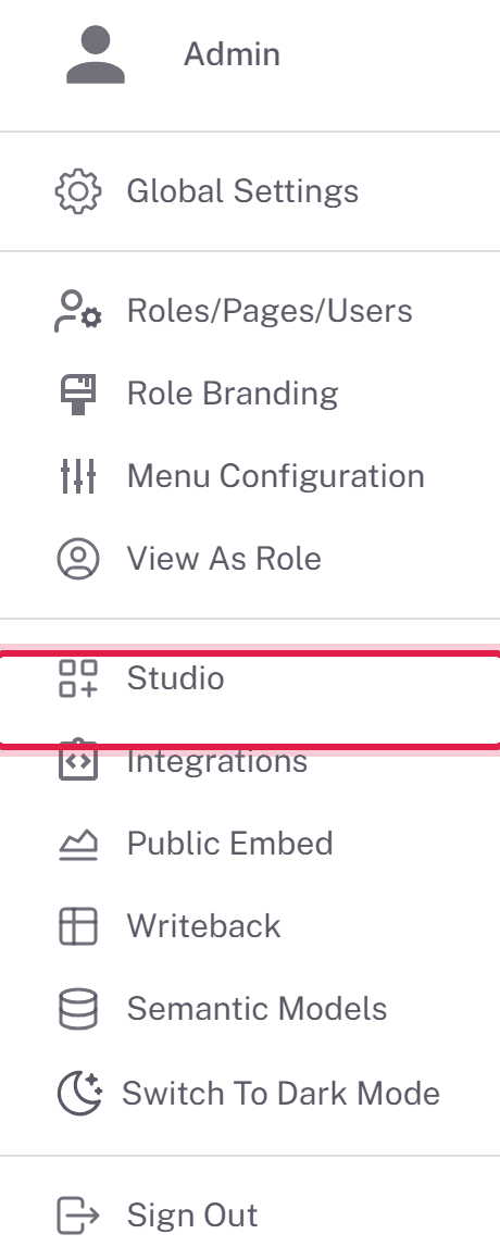 Studio entry in the portal user menu