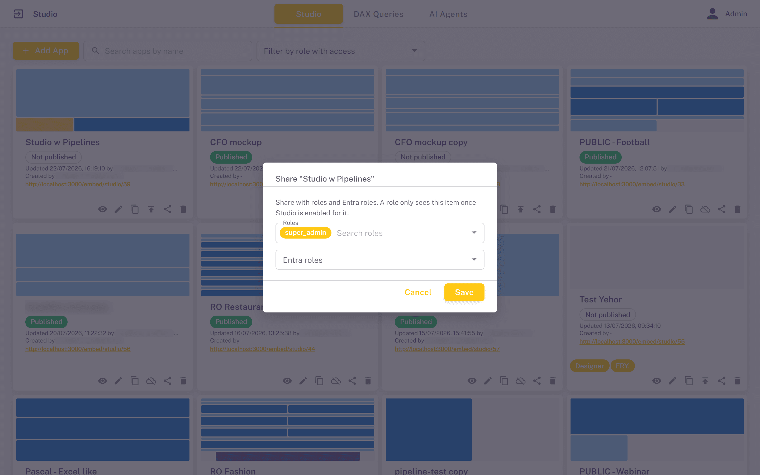 The Share dialog with role and Entra role pickers and a locked owner chip