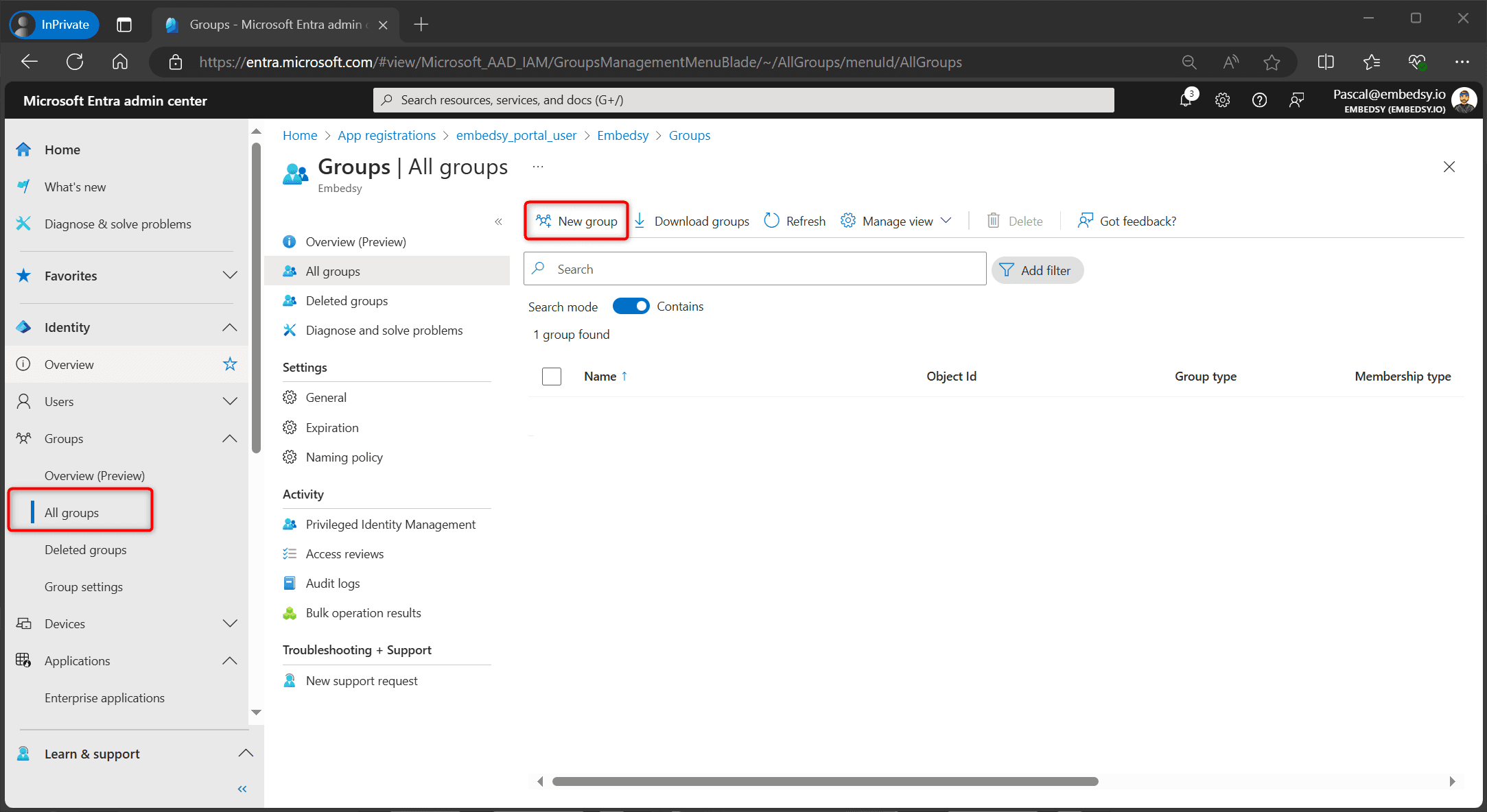 New group on the All groups page in Microsoft Entra