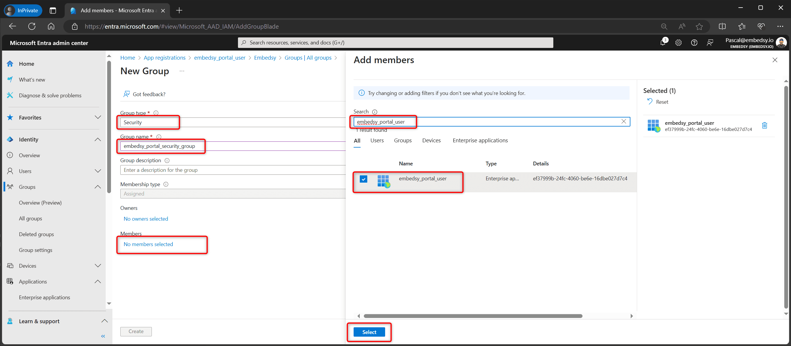 Adding the service principal as a member of the new security group