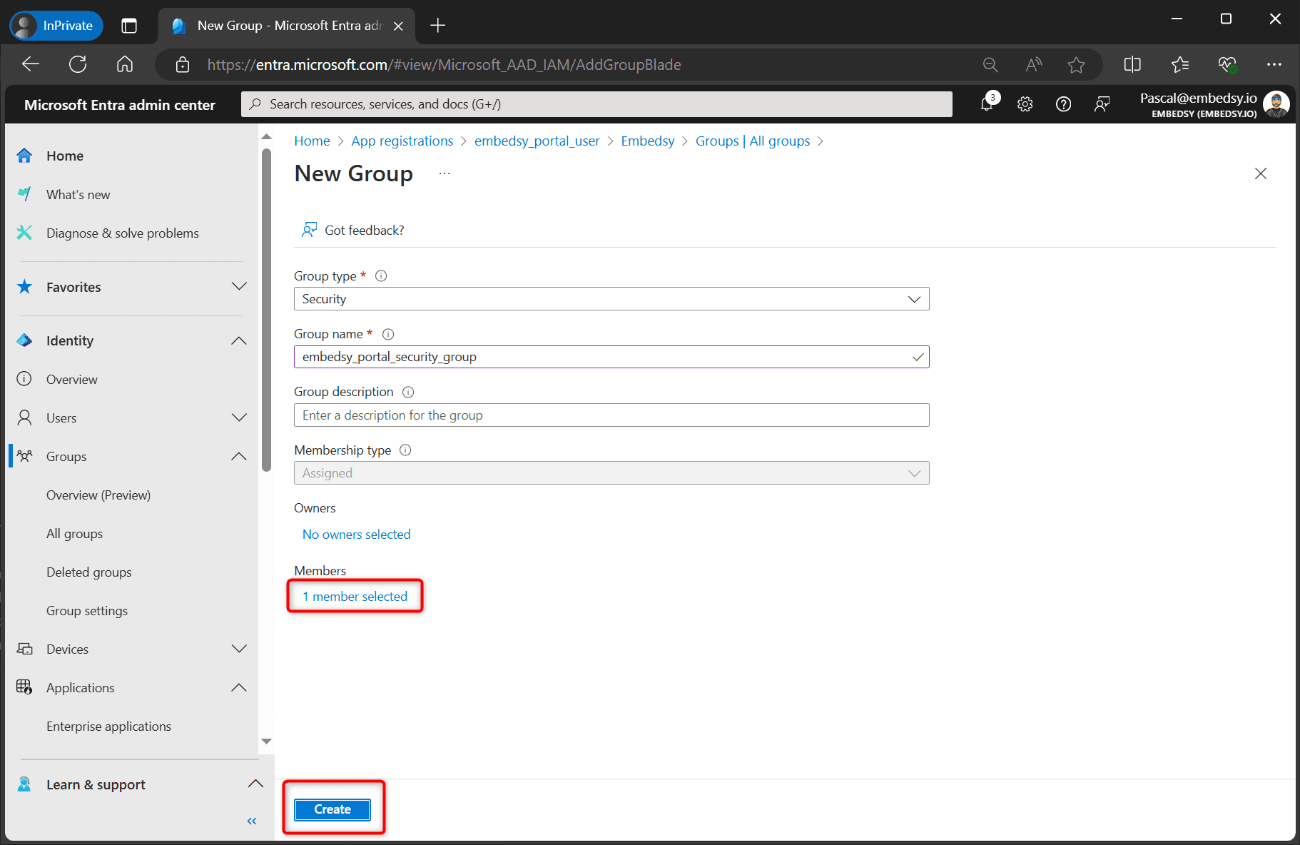 New group form with 1 member selected and the Create button