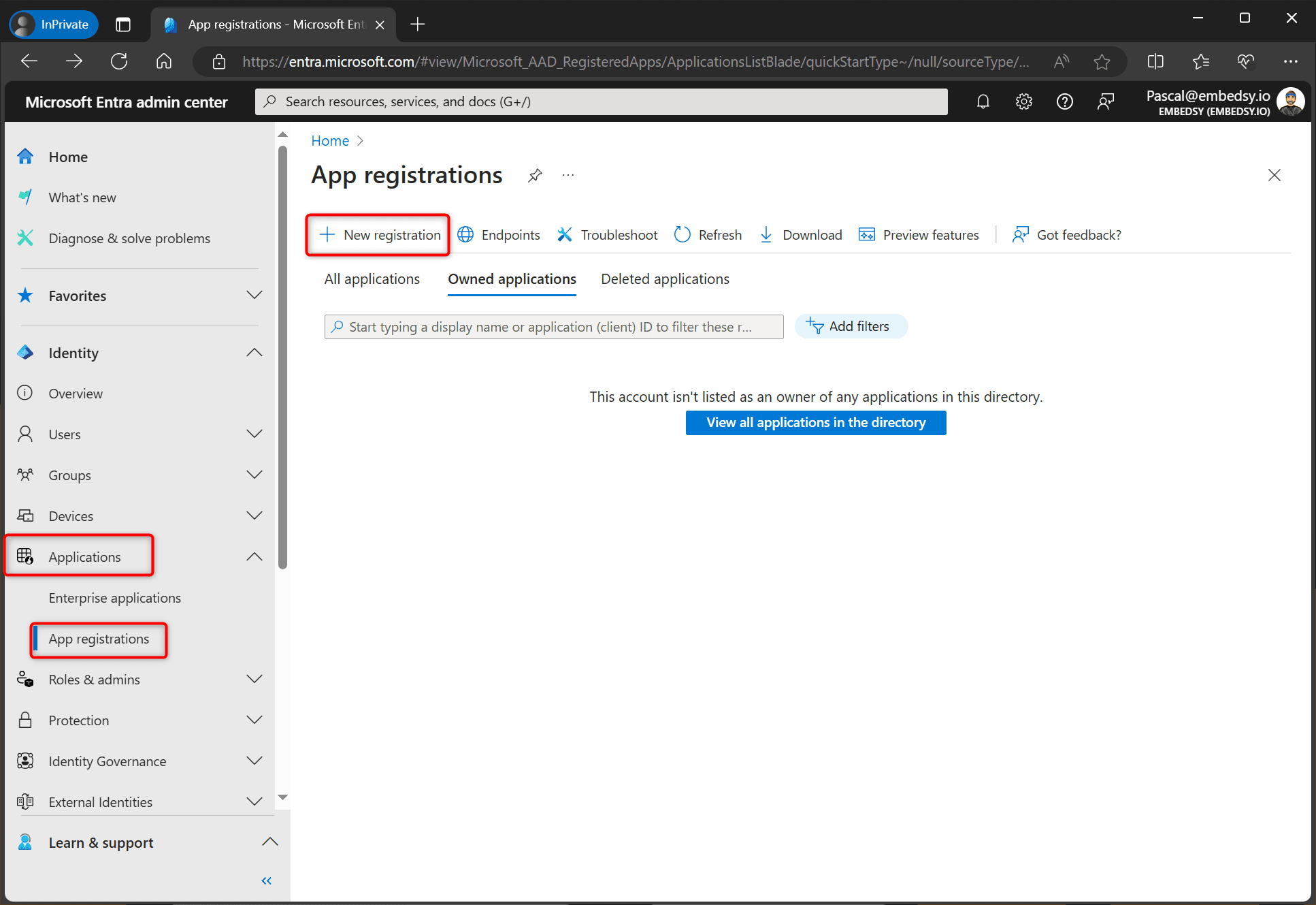 New registration on the App registrations page in Microsoft Entra