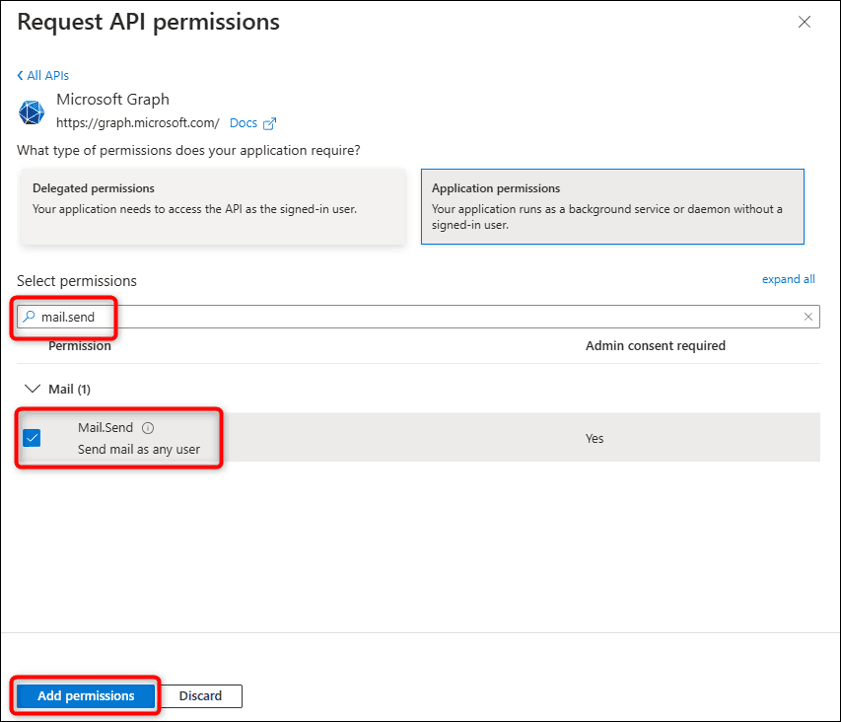 Microsoft Graph Mail.Send application permission selected