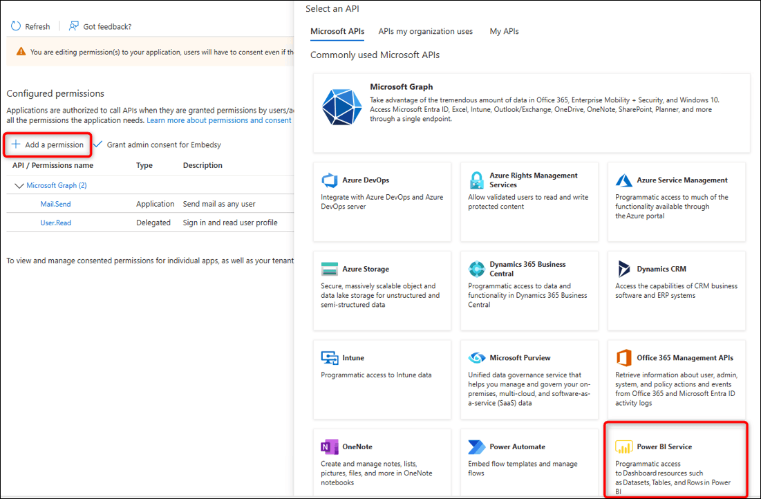 Power BI Service in the Request API permissions panel