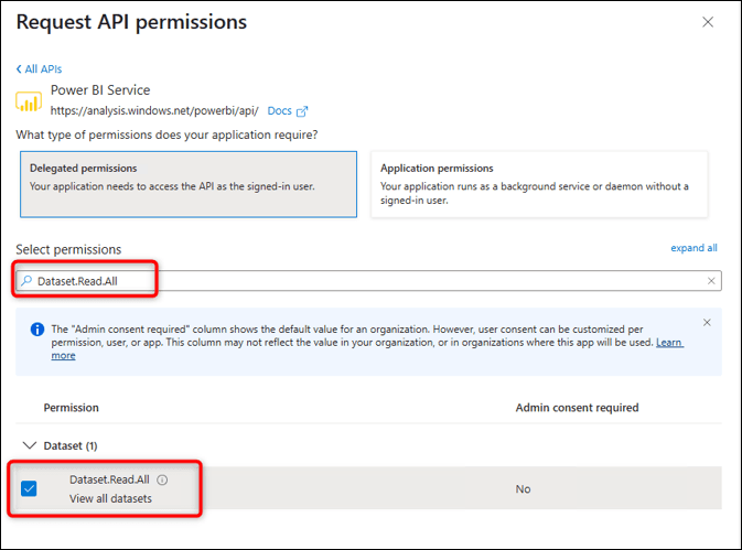 Power BI Service Dataset.Read.All delegated permission selected