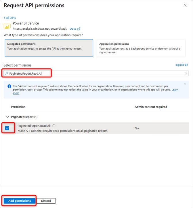Power BI Service PaginatedReport.Read.All delegated permission selected