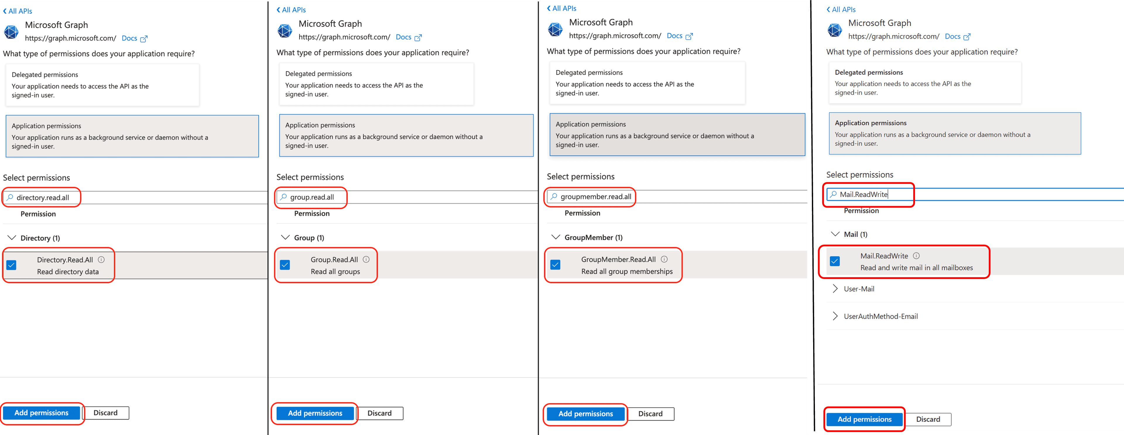 Microsoft Graph application permissions Directory.Read.All, Group.Read.All, GroupMember.Read.All and Mail.ReadWrite