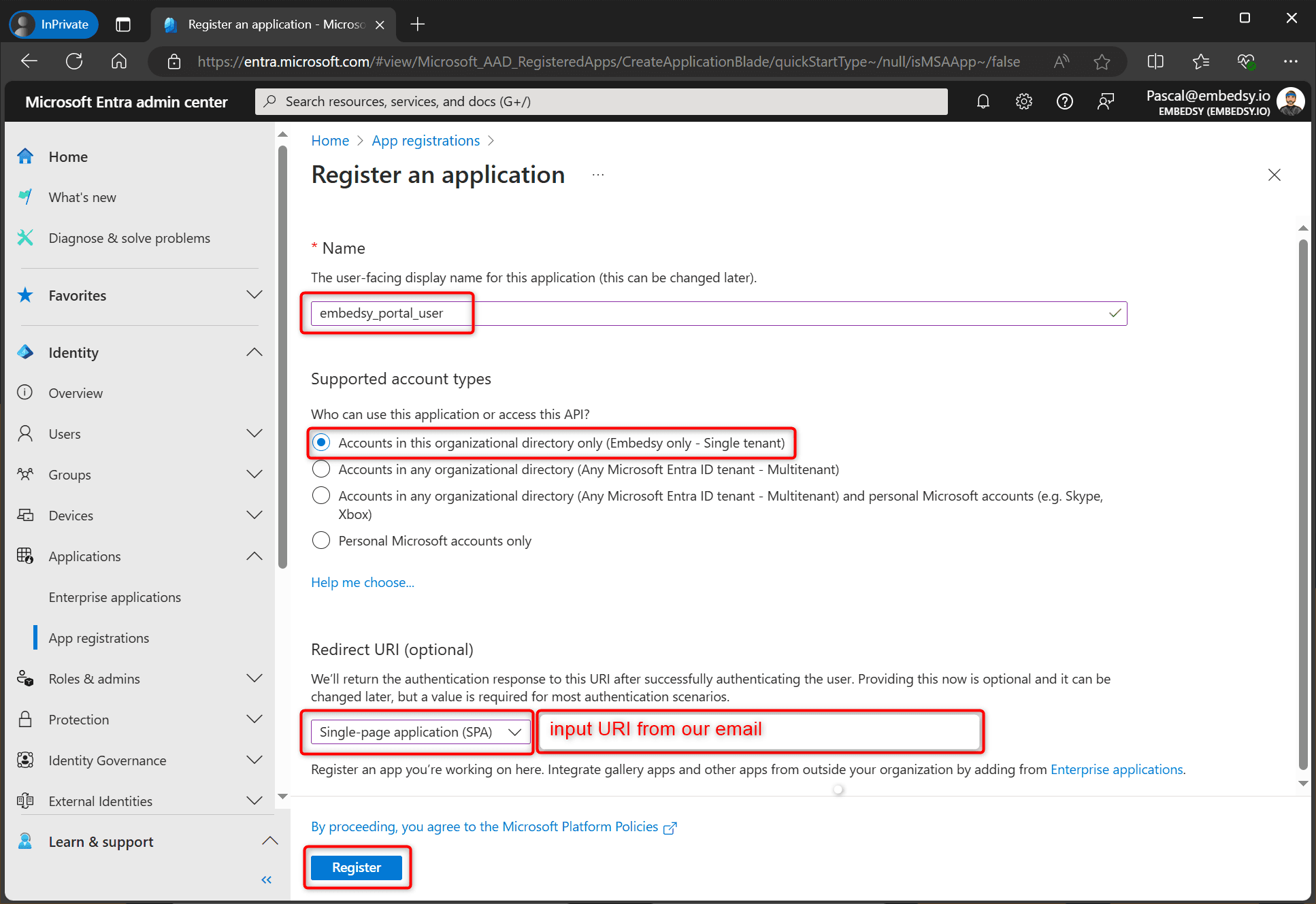 Register an application form with name, single tenant account type and SPA redirect URI