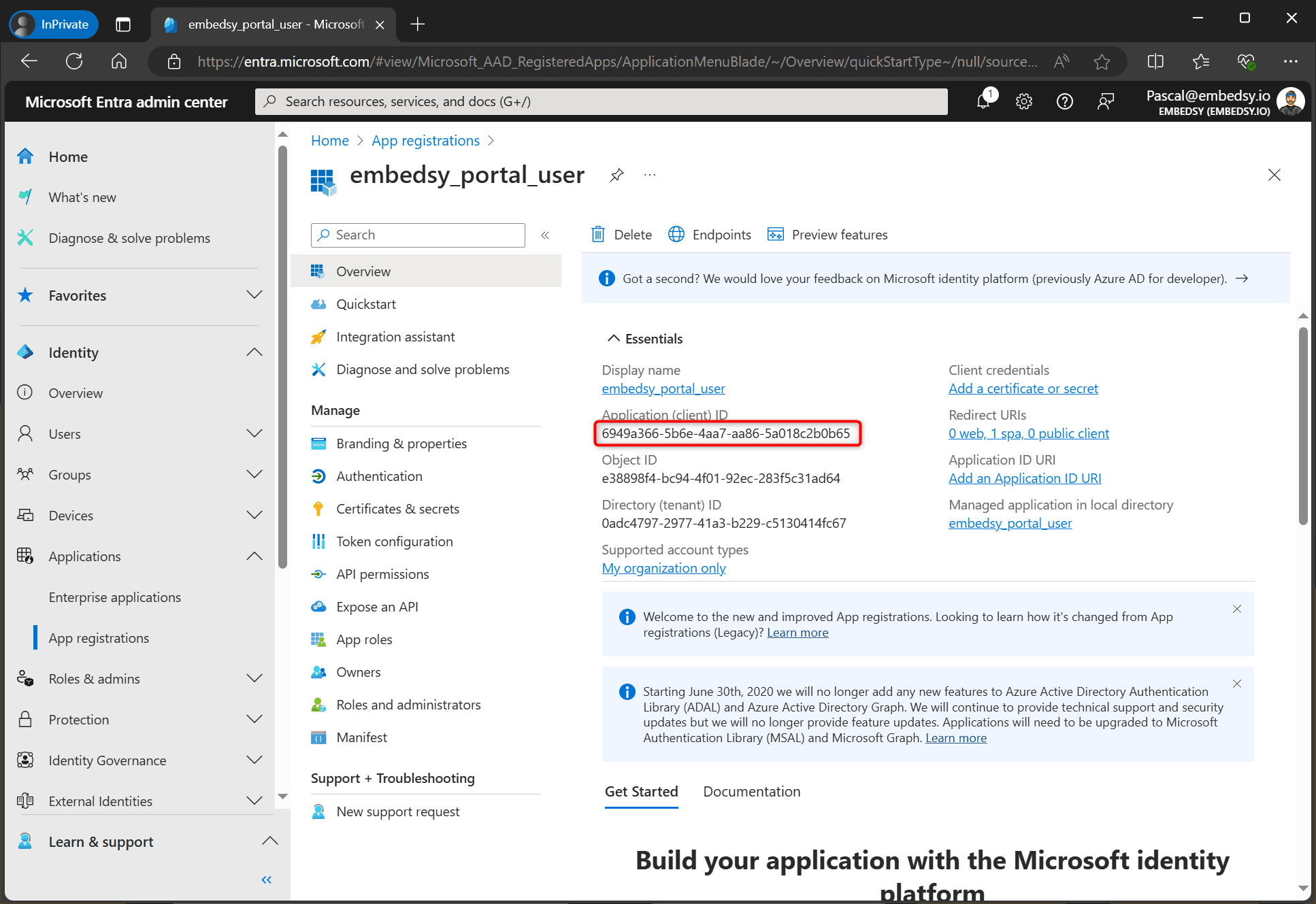 Application (client) ID on the app registration overview