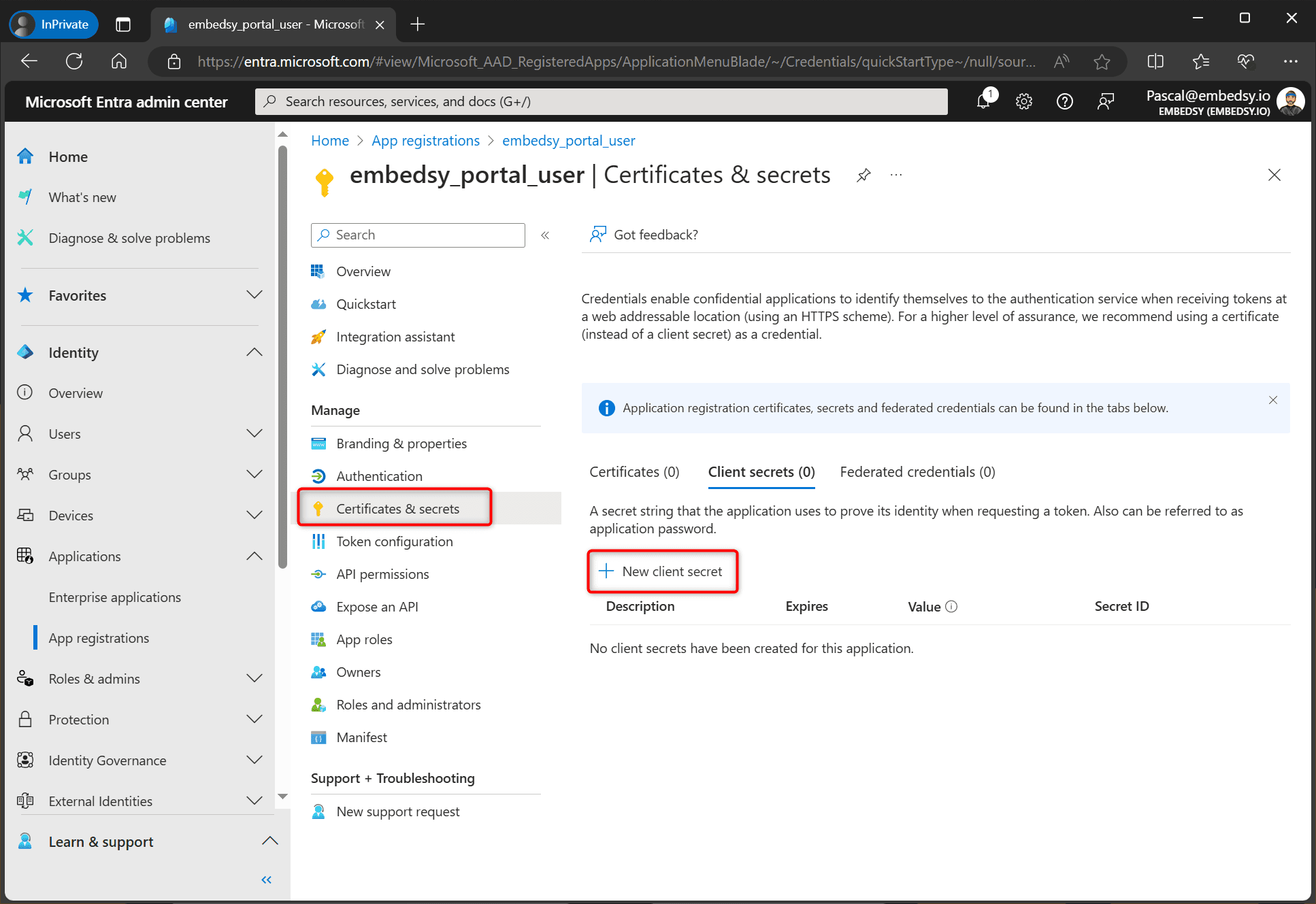 New client secret on the Certificates & secrets page