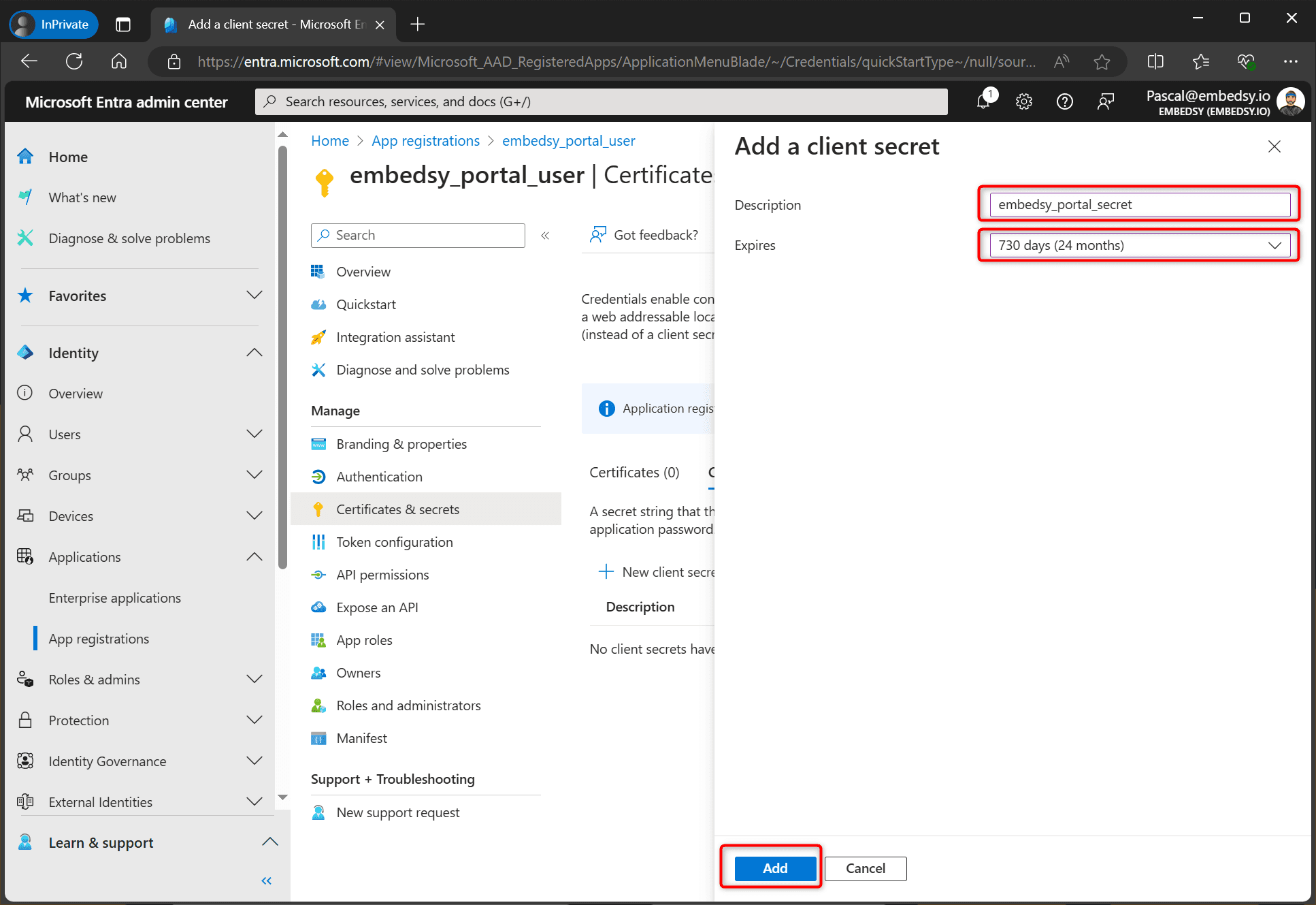 Add a client secret panel with description and expiry