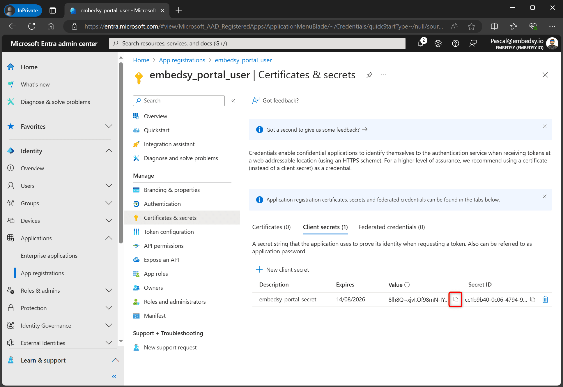 Copy button next to the client secret value