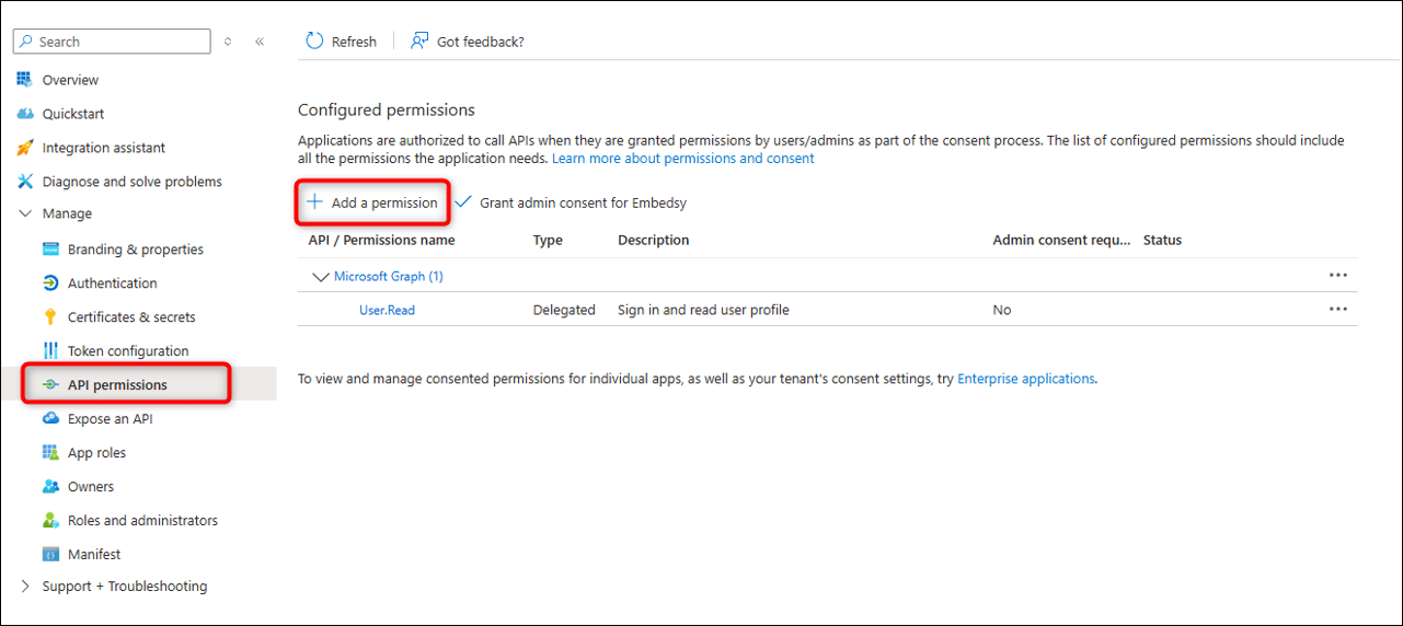 Add a permission on the API permissions page