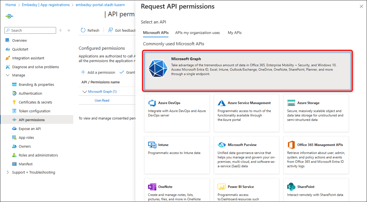 Microsoft Graph in the Request API permissions panel