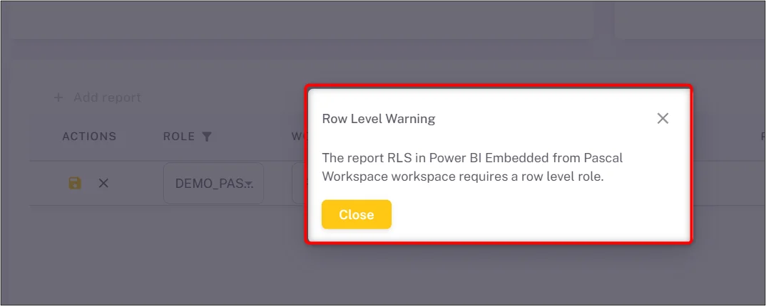 Embedsy Portal warning that an RLS role must be assigned before saving